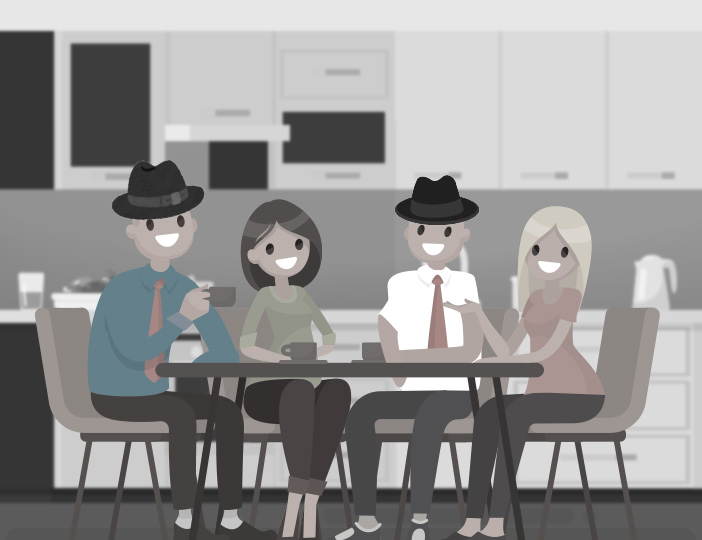 M1 Credit Union founders meeting in a cozy kitchen, passionately discussing plans to launch a member-focused credit union.