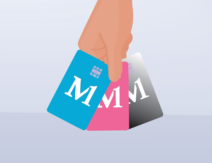 Hand holding out three stylish debit cards in pink, blue, and gray, showcasing modern credit union card designs.