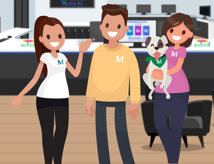 Smiling M1 staff in modern lobby holding a friendly dog, waving and ready to assist customers with exceptional service