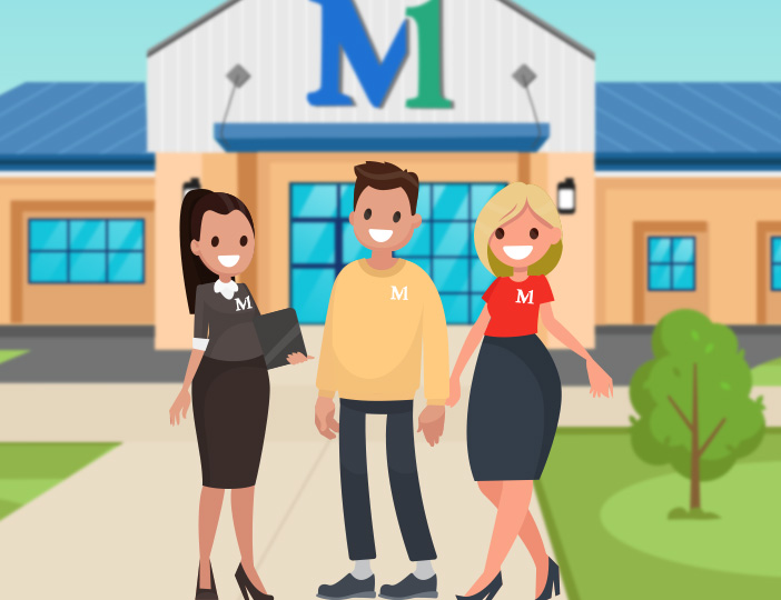 M1 Credit Union team standing proudly in front of the branch building, representing a welcoming workplace with strong career growth opportunities.