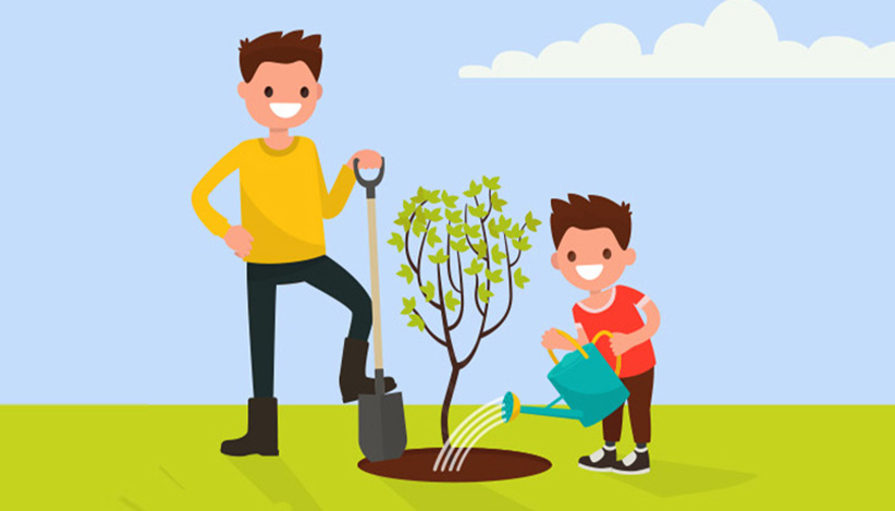 Father and child watering a plant together, symbolizing M1 Credit Union’s 401(k) retirement plan and the importance of growing financial security for future generations.