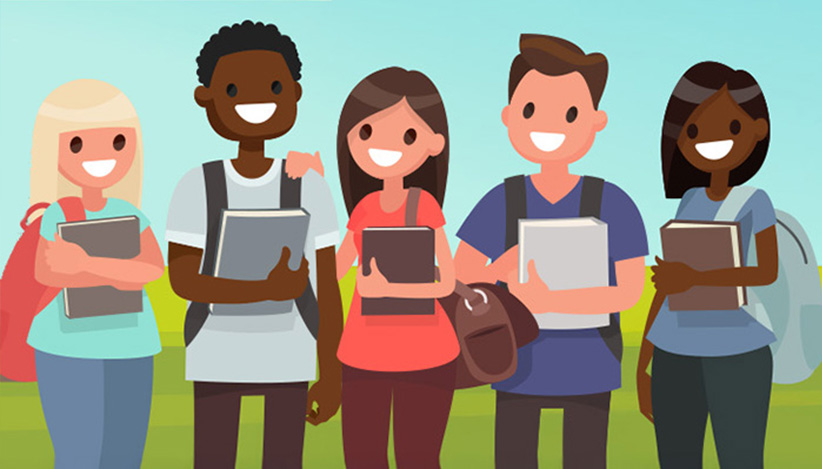 Group of students gathered with books and backpacks, representing M1 Credit Union’s education reimbursement program supporting academic advancement and career development.