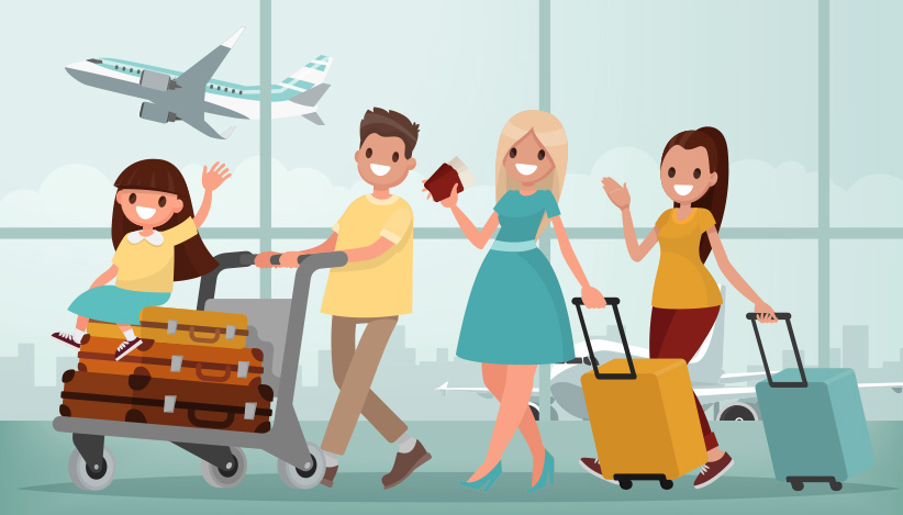Family at the airport preparing for vacation, representing M1 Credit Union’s supportive paid time off benefits that promote work-life balance and quality time.