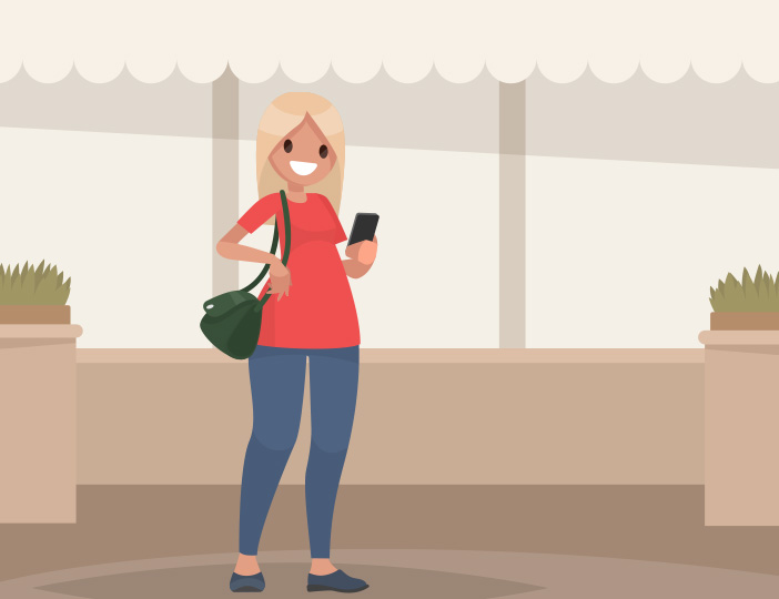 Smiling woman using smartphone for fast and secure Message Pay transaction on the go.