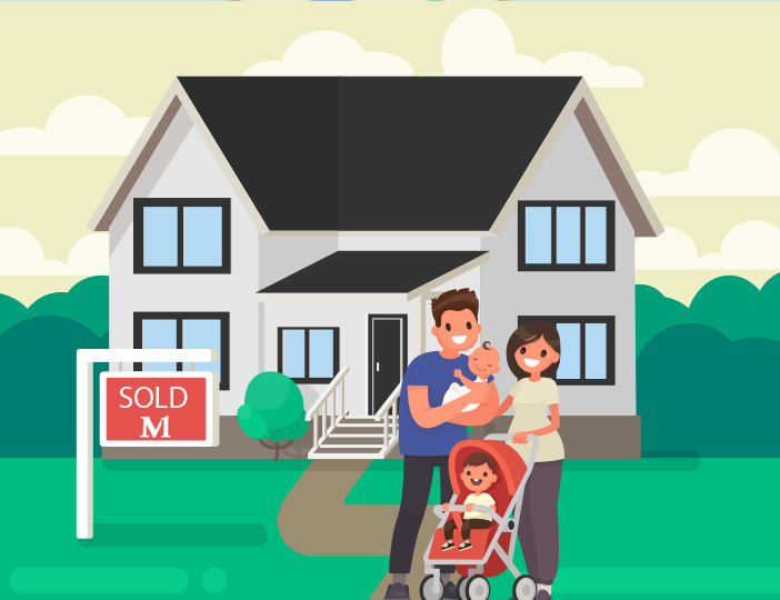 Happy family standing in front of their new home, celebrating mortgage approval from M1 Credit Union